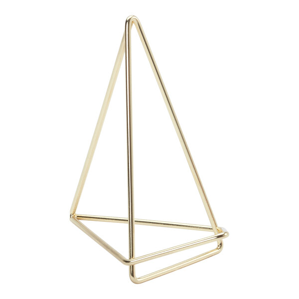 An American Metalcraft gold geometric triangle table card holder.