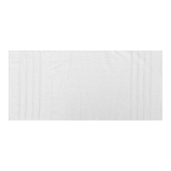 A white 1888 Mills bath towel with a white border.