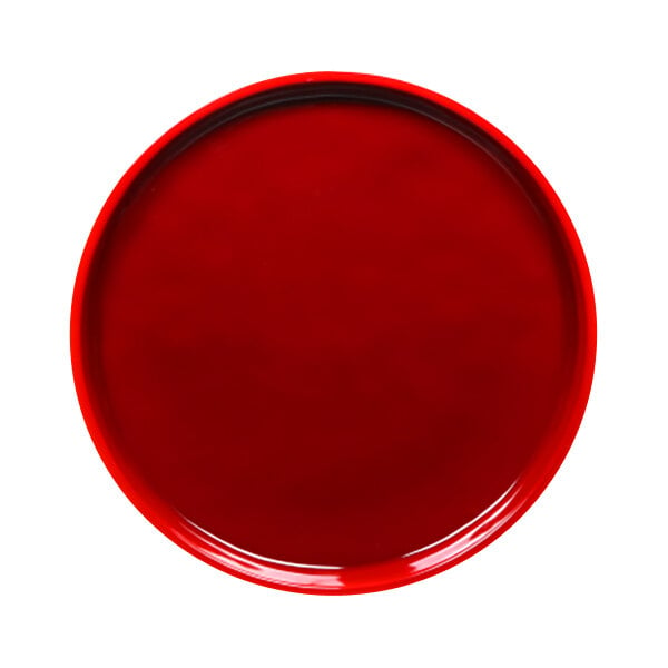 A red melamine plate with a reactive glaze finish.