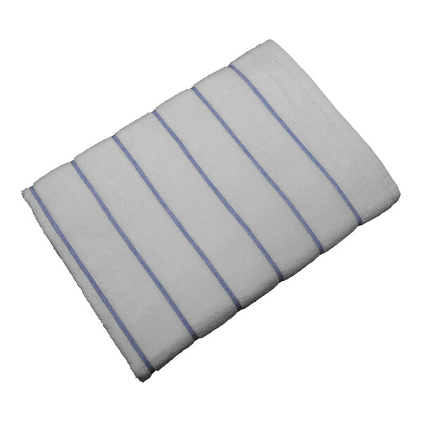 A white towel with blue stripes on the ends.