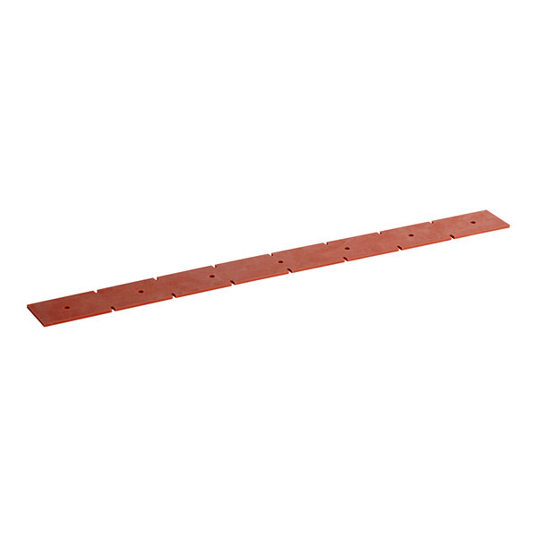 A long red rectangular metal squeegee with holes in it.
