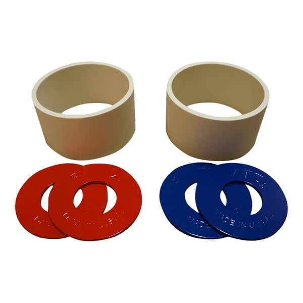 A Yard Games Giant Washer Toss Game Set with white, red, and blue rubber washers.
