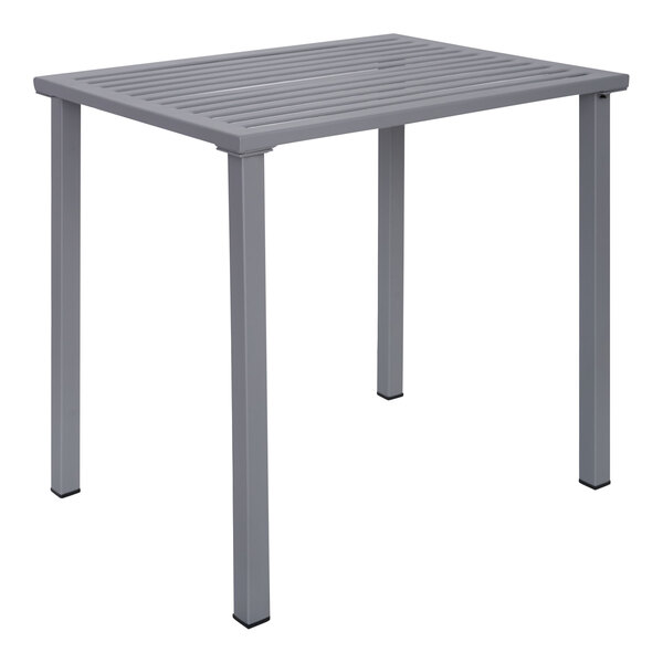 A BFM Seating Daytona soft gray steel table with a slat top and legs.