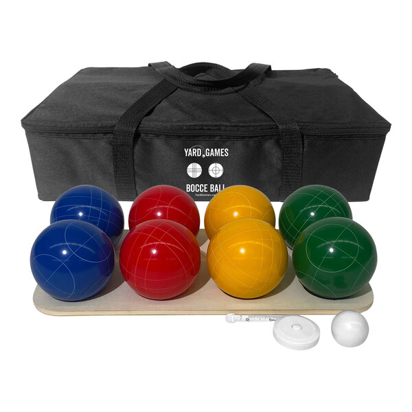 A black bag with a black strap containing red, blue, green, and yellow bocce balls.