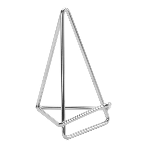 An American Metalcraft silver metal triangle shaped table card holder with a handle.