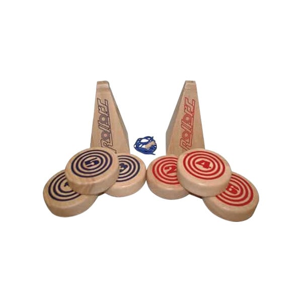 A Yard Games Rollors game set with wooden and plastic bowls and rings.
