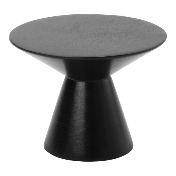 An American Metalcraft espresso wood pedestal display stand on a black table.