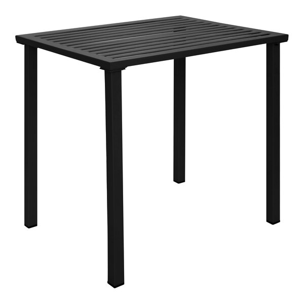 A BFM Seating black powder-coated steel rectangular dining table with slat top.