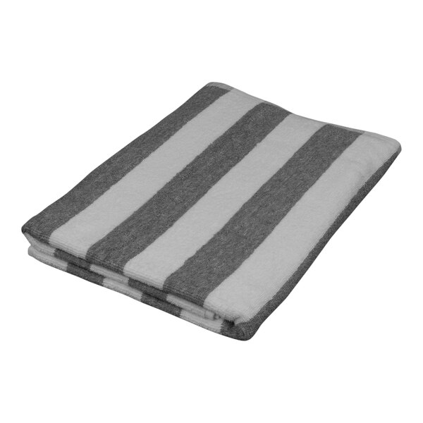 A folded 1888 Mills Fibertone grey and white striped pool towel.