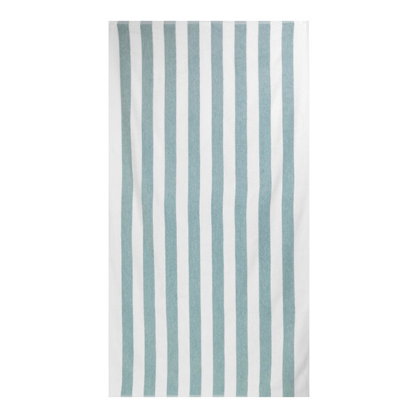 A seafoam, white, and blue striped 1888 Mills Fibertone pool towel.