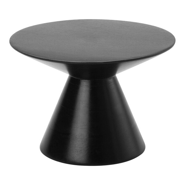 An American Metalcraft espresso wood pedestal on a black round table.
