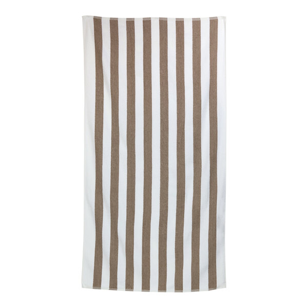 A close-up of a tan towel with brown and white stripes.