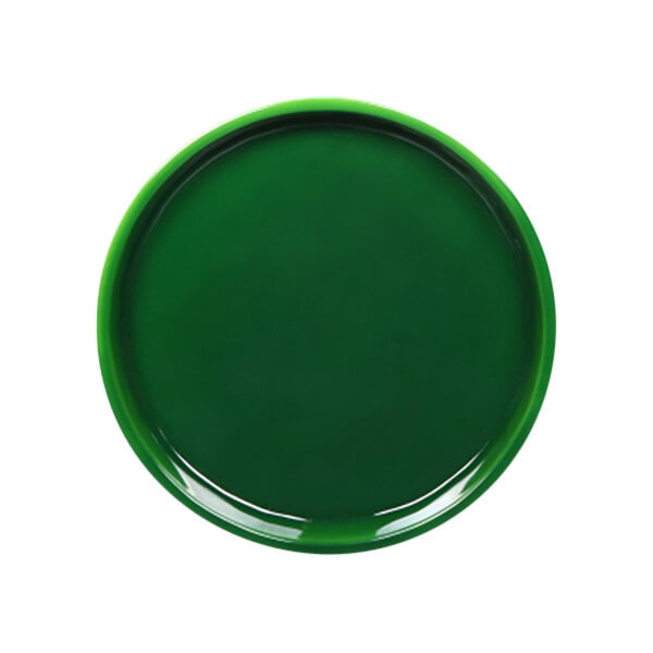 A close-up of a green Elite Global Solutions Maya melamine plate with a reactive glaze.