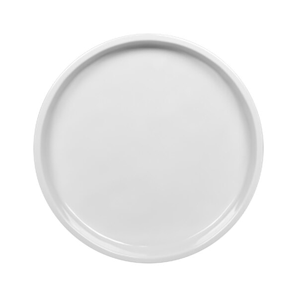 A cream melamine plate with a rim.