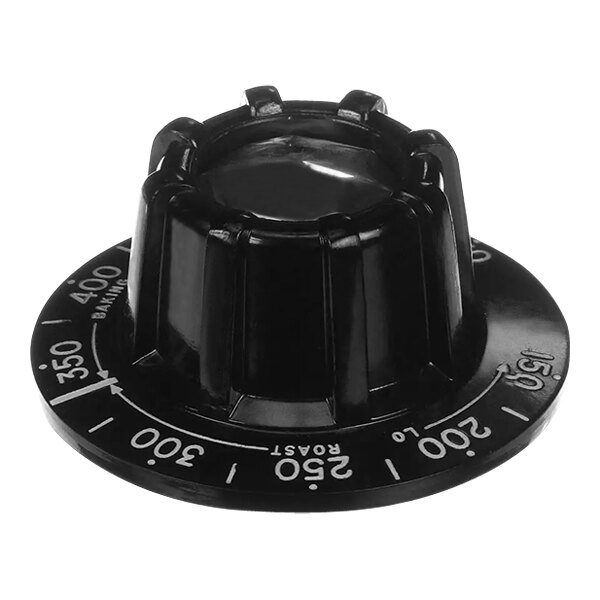 A black plastic American Range dial knob with white text.