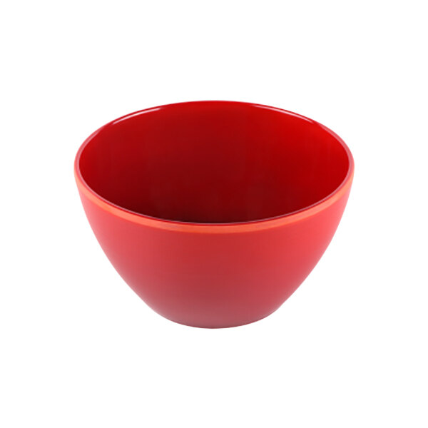 A close up of a red Elite Global Solutions melamine bowl.
