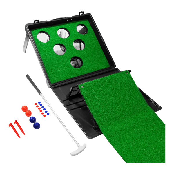 A Yard Games Putter Pong game set with a green bag, balls, and a stick.