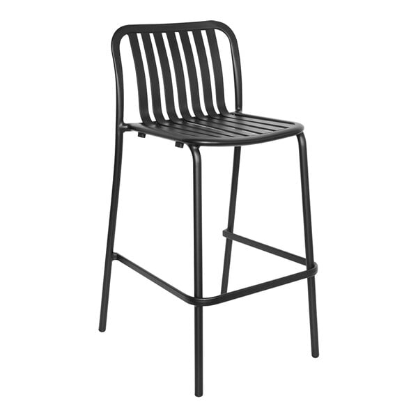 A BFM Seating Key West black powder-coated aluminum bar stool with a metal frame.