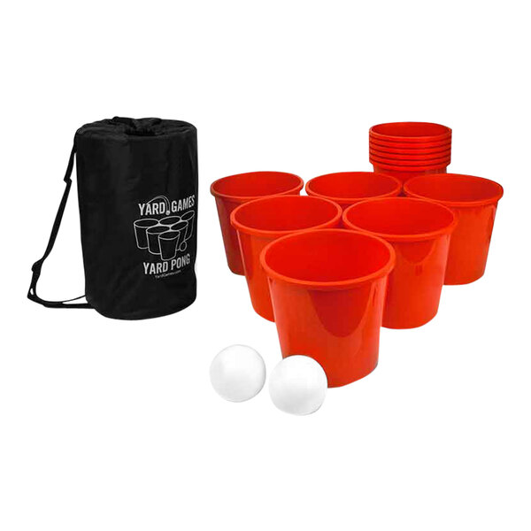 A black bag with white text containing red plastic cups and white balls.