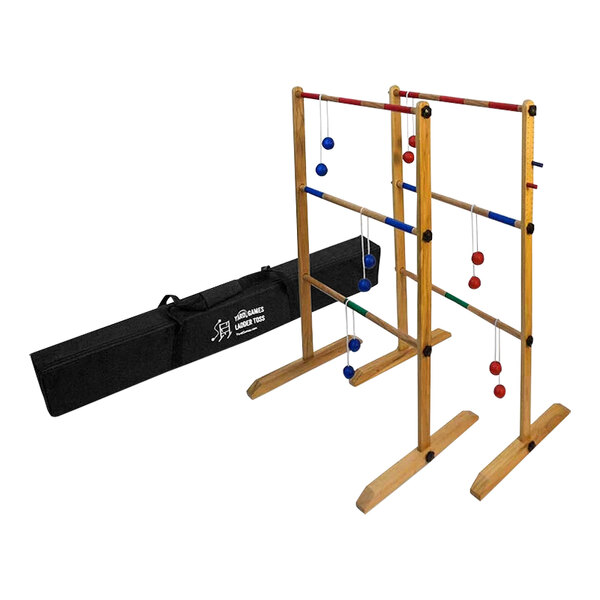 A Yard Games Ladder Toss game set with wooden ladders and balls in a black bag.