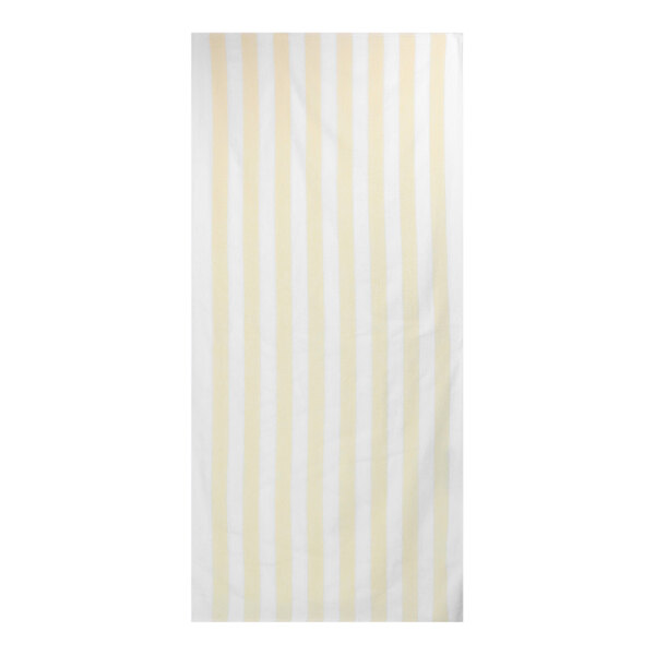 A white rectangular pool towel with yellow and black stripes.