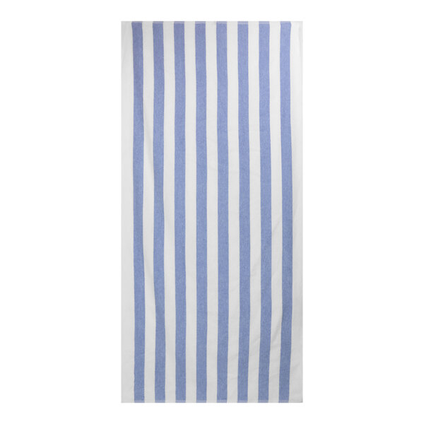 A white and blue striped Fibertone pool towel.