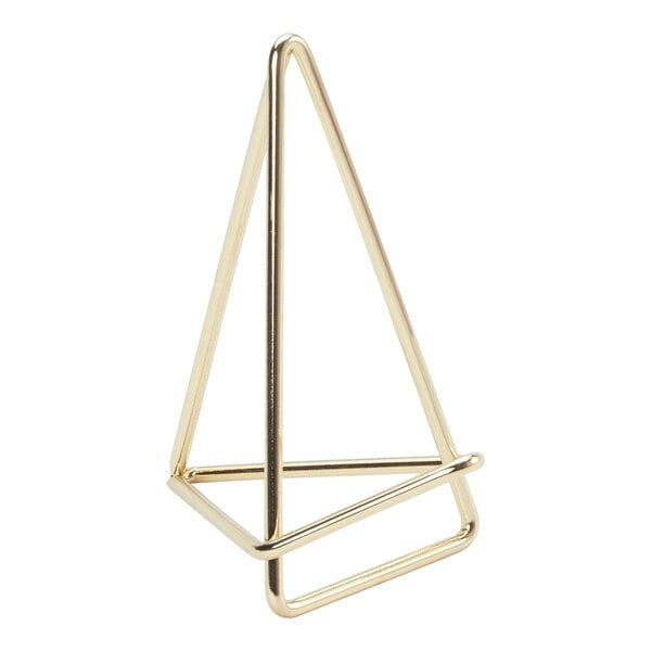 An American Metalcraft gold triangle shaped table card holder.