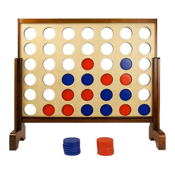 A Yard Games customizable giant four-in-a-row game board with blue and red circles and chips.