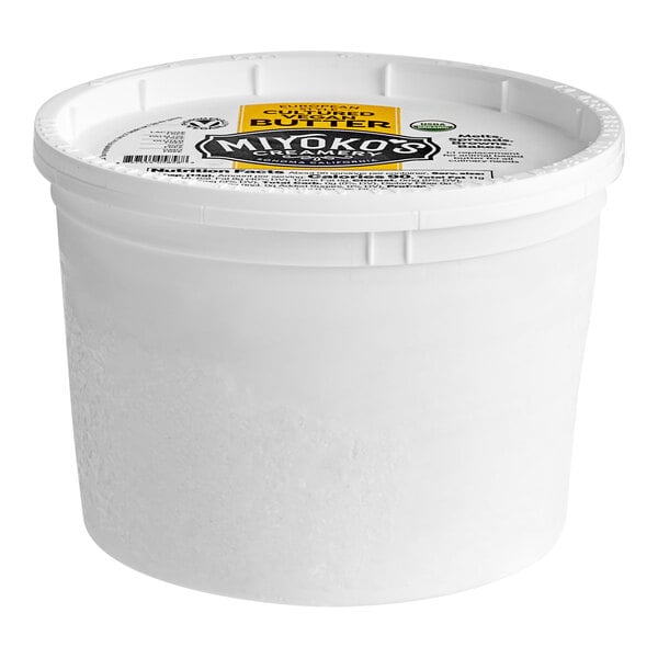 A white container of Miyoko's European-Style Cultured Vegan Butter with a yellow label.