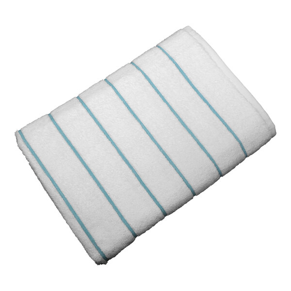 A white towel with teal stripes.