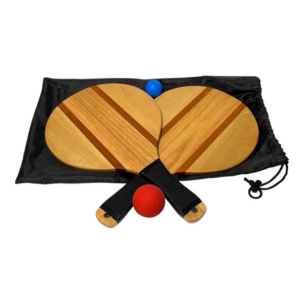 A Frescobol paddle ball game set with wooden paddles and balls on a black bag.