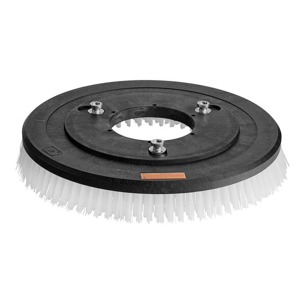 A black and white circular brush with a white handle.