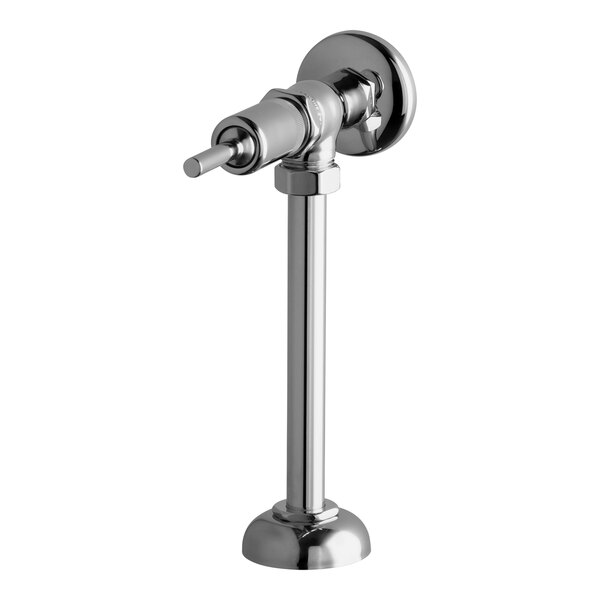 A Chicago Faucets angled urinal valve with a chrome finish and metal handle.