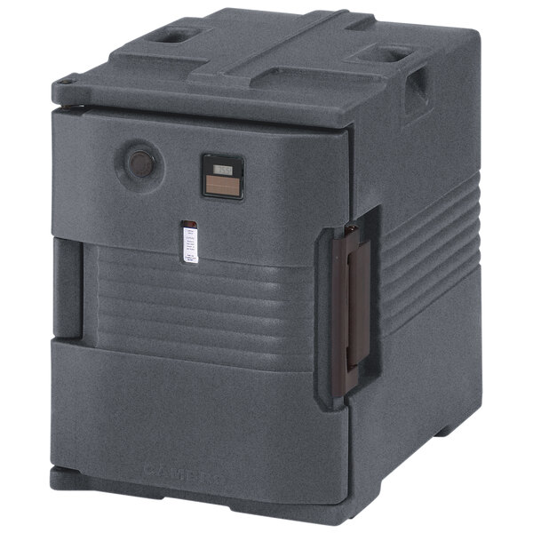 A grey plastic container with two black latches.