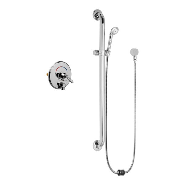 A Chicago Faucets thermostatic and pressure balancing shower fitting with hand spray and hose.