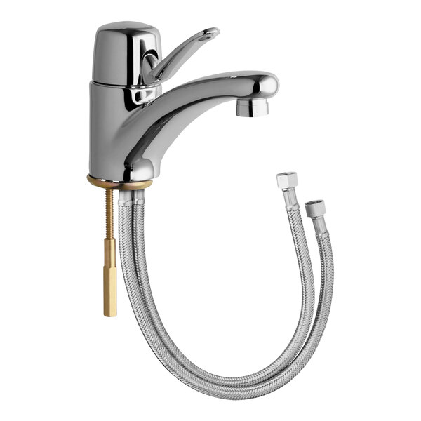 A silver Chicago Faucets deck-mounted faucet with a hose.
