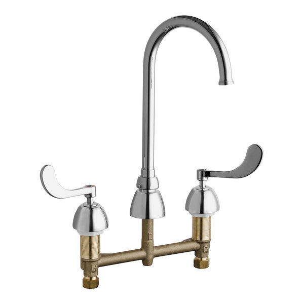 A Chicago Faucets deck-mounted faucet with gooseneck spout and wristblade handles.