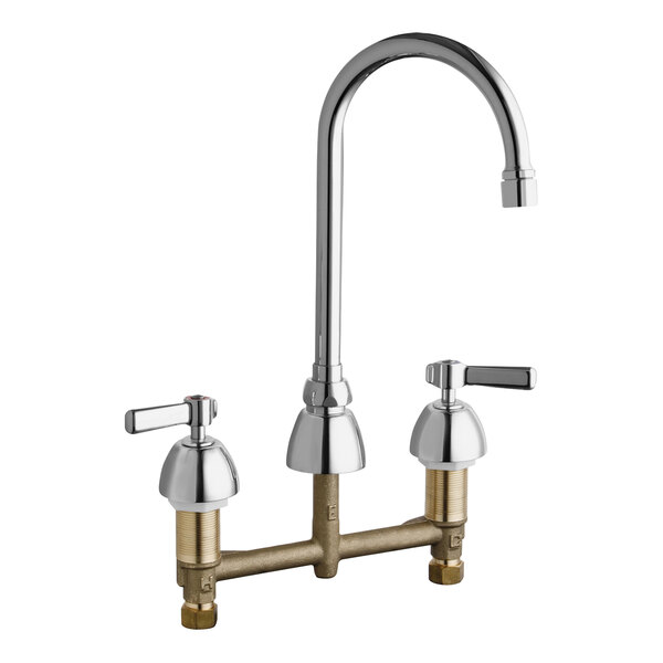 A Chicago Faucets deck-mounted faucet with 8" fixed centers and a 5 1/4" restricted swing gooseneck spout and two brass handles.