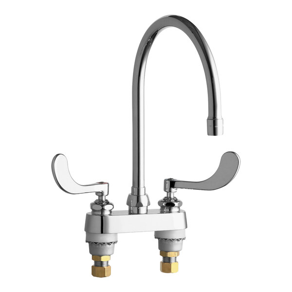 A Chicago Faucets deck-mounted faucet with 8" gooseneck spout and 4" wristblade handles.