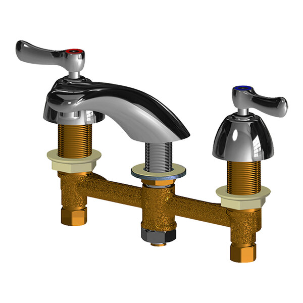 A Chicago Faucets deck-mount faucet with chrome lever handles.