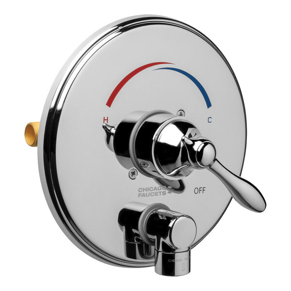 A Chicago Faucets 1921 Series shower valve with chrome and temperature control.