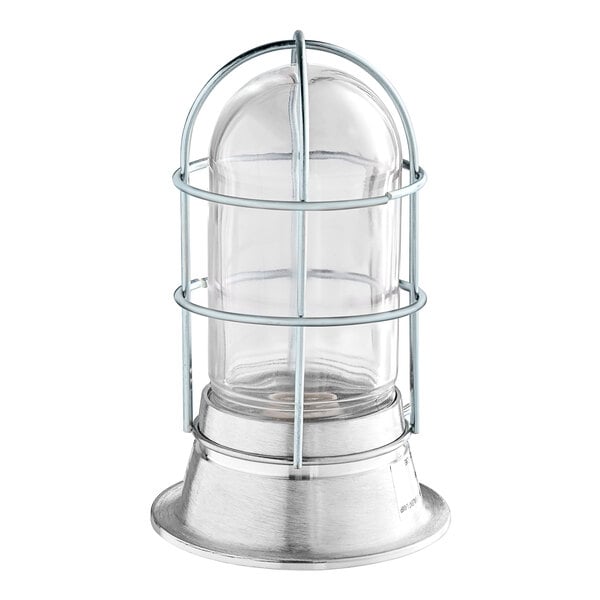A glass globe light fixture with a wire guard and a metal cage.