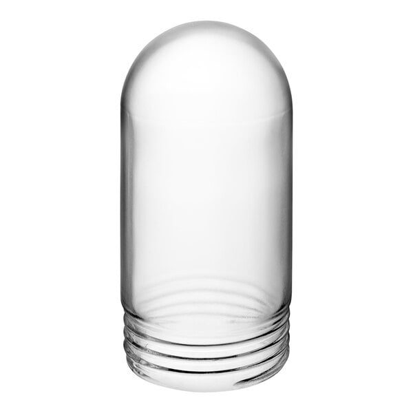 A clear glass container with a curved edge.