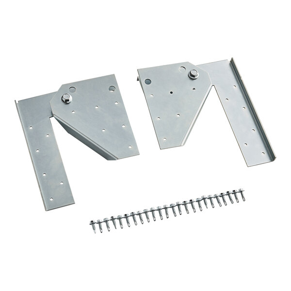 A metal corner and metal brackets with screws.