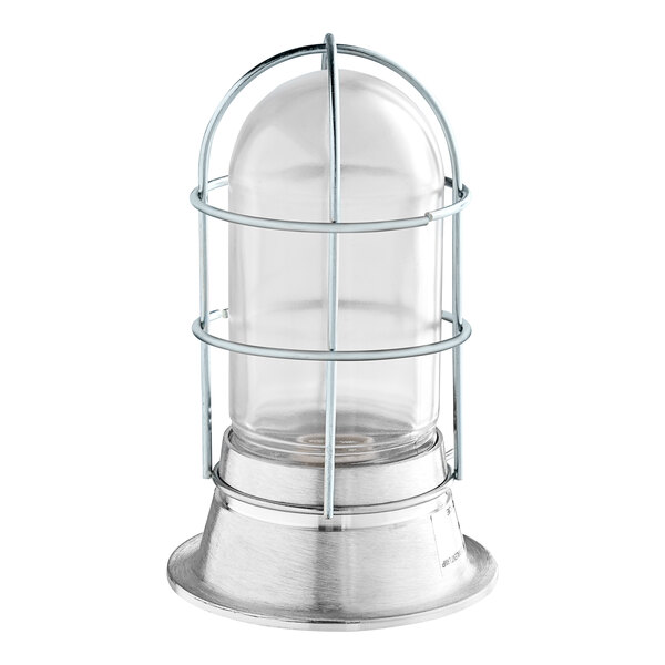 A metal and plastic caged lantern with a plastic-coated glass globe inside.