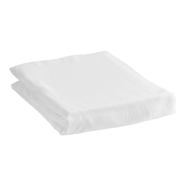 A folded white Magnificence fitted sheet with a tone on tone stripe.