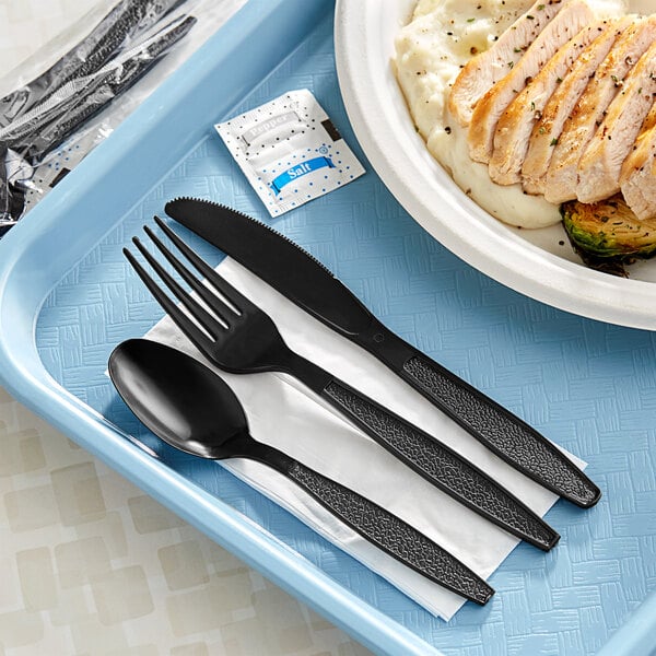 Choice Black Extra Heavy Weight Wrapped Plastic Cutlery Pack with Napkin and Salt and Pepper Packets - 500/Case