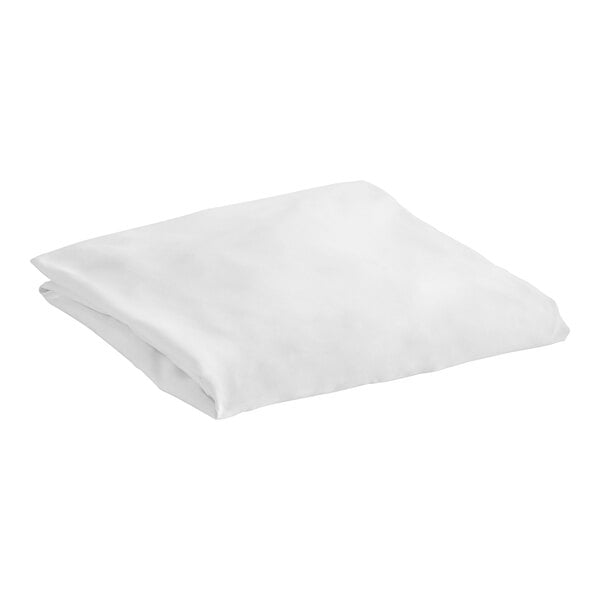 A folded white 1888 Mills full size fitted sheet on a white surface.