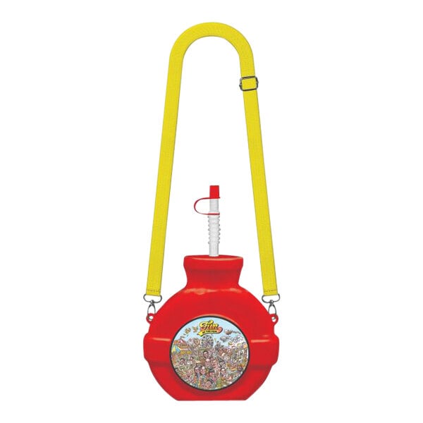 A red plastic canteen with a yellow strap and a red circle with a group of people inside.