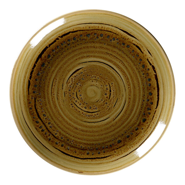 A brown RAK Porcelain flat coupe plate with a spiral pattern.